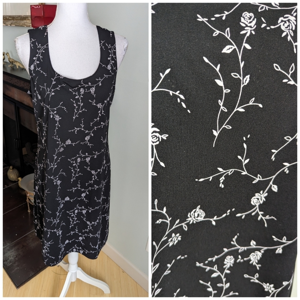 90s Y2K M/L Grunge Style Black Gray Rose Printed Dress Sleeveless Stretch 174